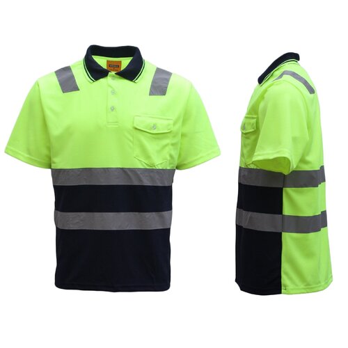 HI VIS Short Sleeve Workwear Shirt w Reflective Tape Cool Dry Safety Polo 2 Tone, Fluoro Yellow / Navy