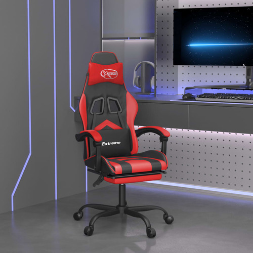 Gaming Chair with Footrest and Red Faux Leather