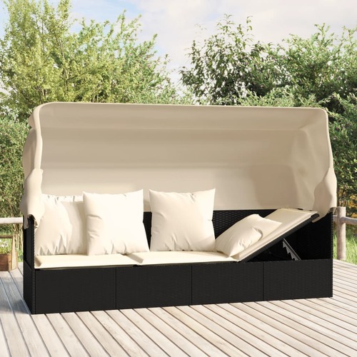 Outdoor Lounge Bed with Roof and Cushions Poly Rattan