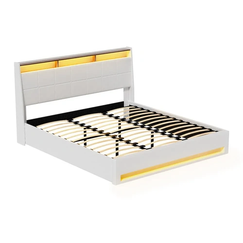 Artiss Bed Frame Gas Lift LED Beds Base Platform White PVC Leather Storage Headboard