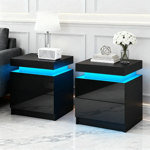 Artiss 2X Bedside Table LED 2 Drawers Lift-up Storage