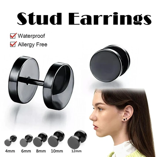 Pair Black Flat Round Barbell Plug Stud Earrings Stainless Steel Mens Gym 4-12Mm