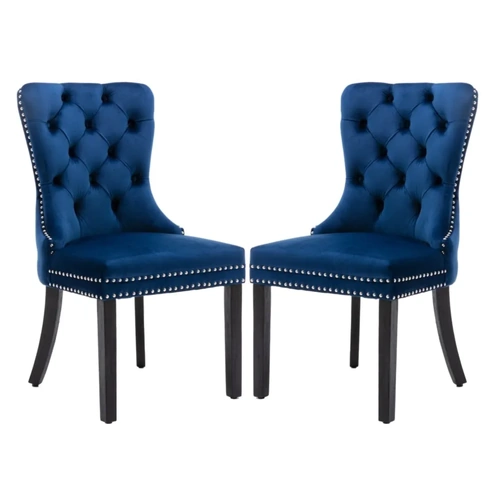 2x Velvet Dining Chairs Upholstered Tufted Kithcen Chair with Solid Wood Legs Stud Trim and Ring