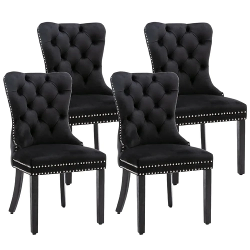 4x Velvet Dining Chairs Upholstered Tufted Kithcen Chair with Solid Wood Legs Stud Trim and Ring