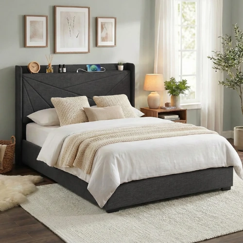 Bed Frame Gas Lift Storage Bed with Charging Ports Upholstered Geometric Headboard Grey
