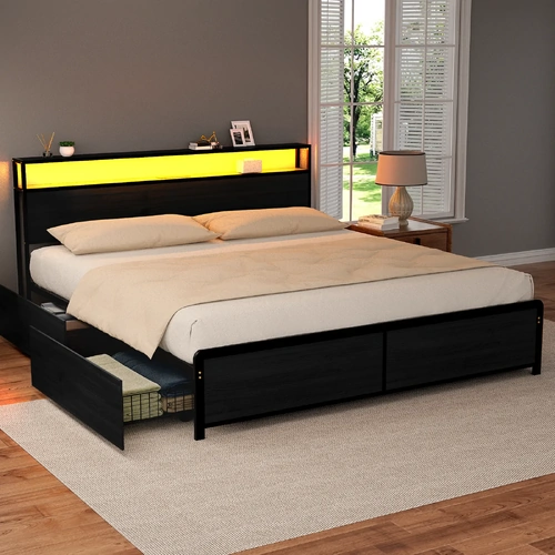 Artiss Metal Bed Frame Storage Headboard Charge Station LED 4 Drawers