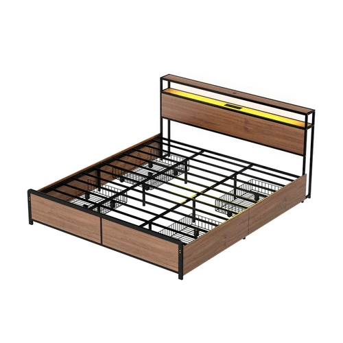 Artiss Metal Bed Frame with 2-Tier Storage Headboard Metal Platform with 4 Storage Drawers Built in Charging Station & LED Noise-Free/Metal