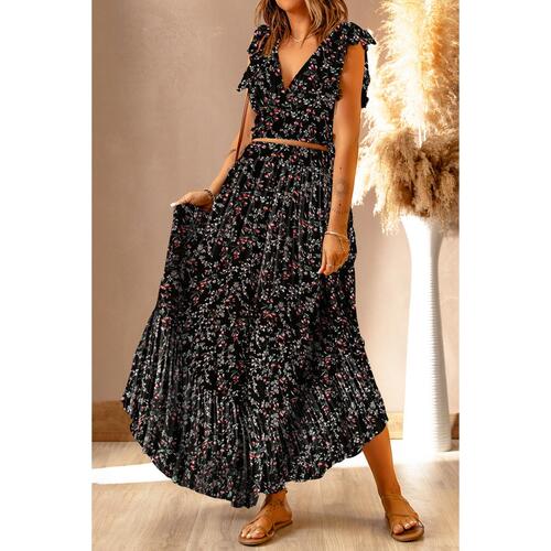 Azura Exchange Floral Ruffled Crop Top and Maxi Skirt Set