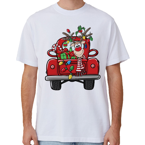 100% Cotton Christmas T-shirt Adult Unisex Tee Tops Funny Santa Party Custume, Car with Reindeer (White)
