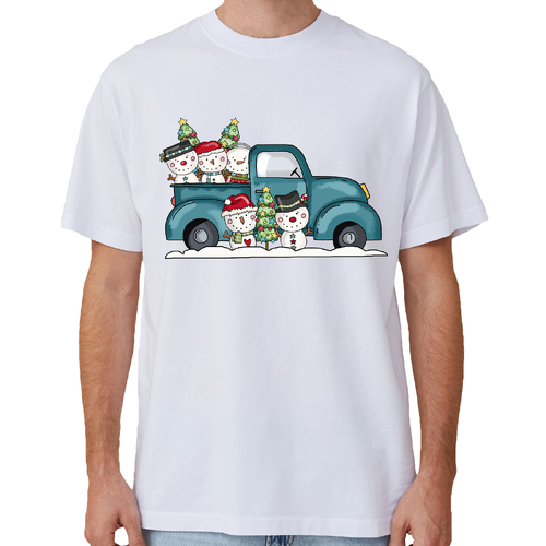 100% Cotton Christmas T-shirt Adult Unisex Tee Tops Funny Santa Party Custume, Car with Snowman (White)
