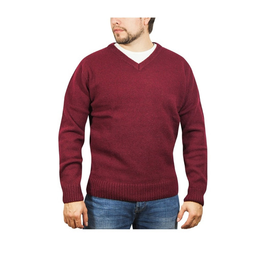100% Shetland Wool V Neck Knit Jumper Pullover Mens Sweater Knitted - Burgundy (97)