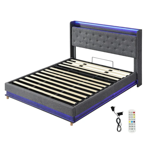 Bed Frame Gas Lift Storage LED Light USB
