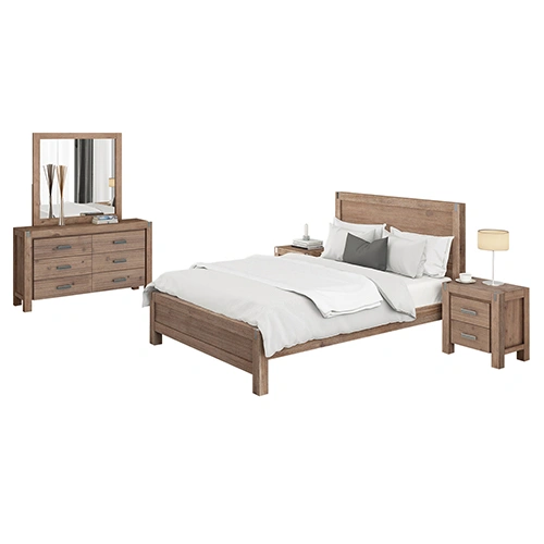 Bedroom Suite in Solid Wood Veneered Acacia Construction Timber Slat Size Oak Bed, Bedside Table & Dresser