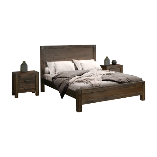 Bedroom Suite in Solid Wood Veneered Acacia Construction Timber Slat Size Chocolate Colour Bed, Bedside Table, Tallboy & Dresser