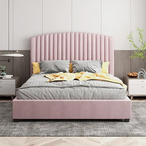 Camelia Size Bed Frame Pink Velvet Upholstery High Headboard Quality Slats Metal Structure