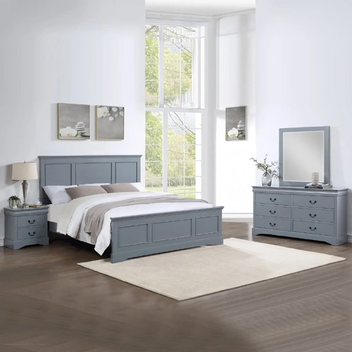 Bedroom Suite in Solid Wood & MDF Size Grey Colour Bed, Bedside Table & Dresser