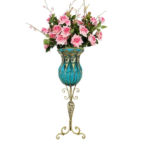 85cm Glass Tall Floor Vase and 12pcs Pink Artificial Artificial Flower Set