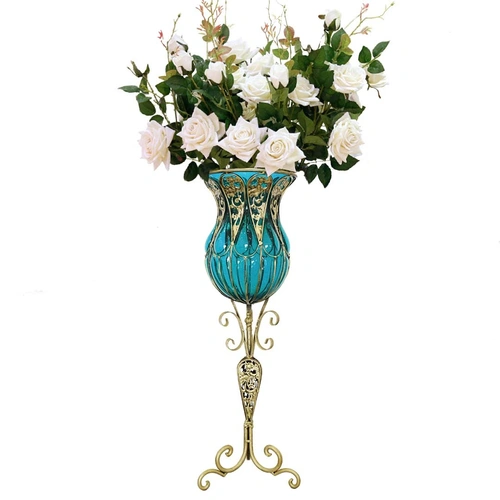 85cm Glass Tall Floor Vase and 12pcs White Artificial Artificial Flower Set