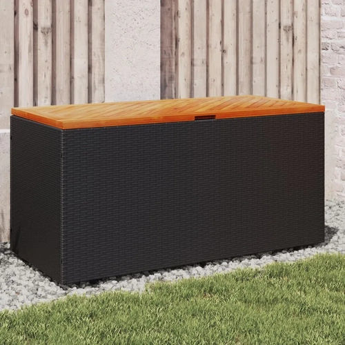 Garden Storage Box Black Poly Rattan Acacia Wood