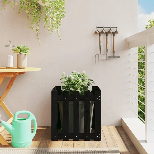 Garden Planter with Fence Design Black Solid Wood Pine