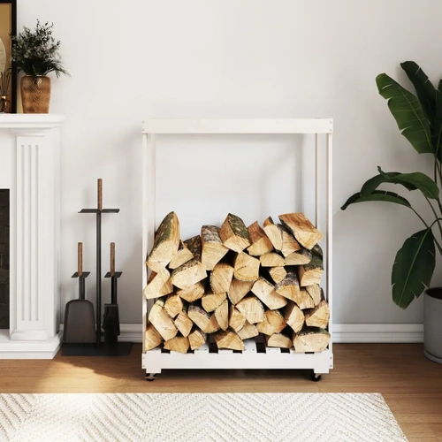 Log Holder with Wheels White Solid Wood Pine