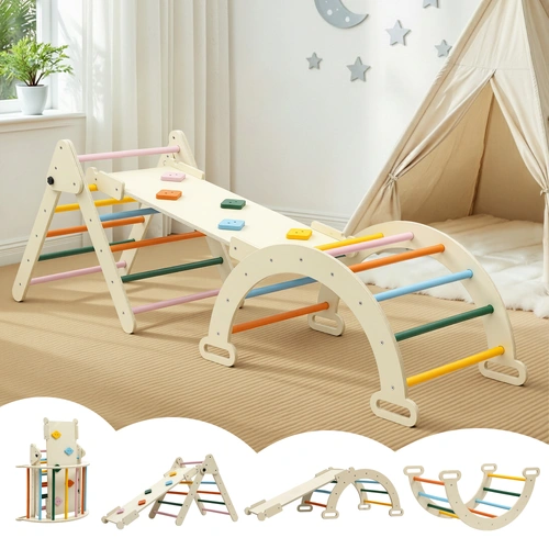 Kids Triangle Climbing Toys Set With Slide Indoor Outdoor Toddler Toys Pikler Climber With Arch