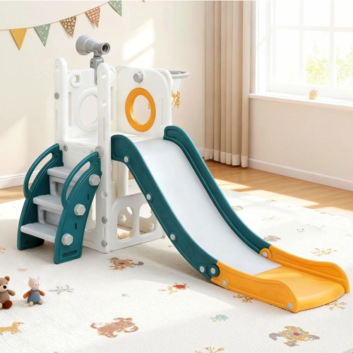 Kids Slide Set Basketball Hoop Outdoor Playground Outdoor Toys Telescope Storage