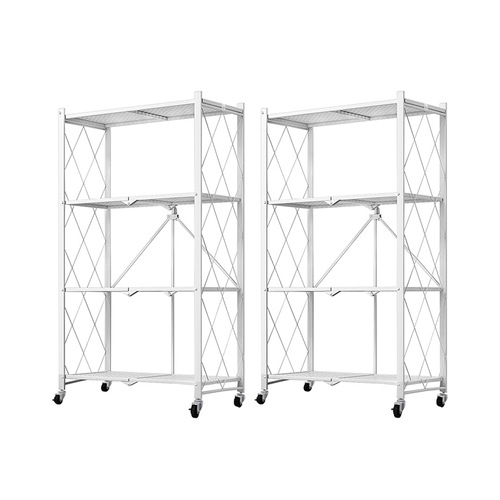 2X 4 Tier Steel White Foldable Kitchen Cart Multi-Functional Shelves Portable Storage Organizer with Wheels