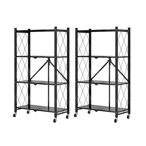 2X 4 Tier Steel Black Foldable Kitchen Cart Multi-Functional Shelves Portable Storage Organizer with Wheels