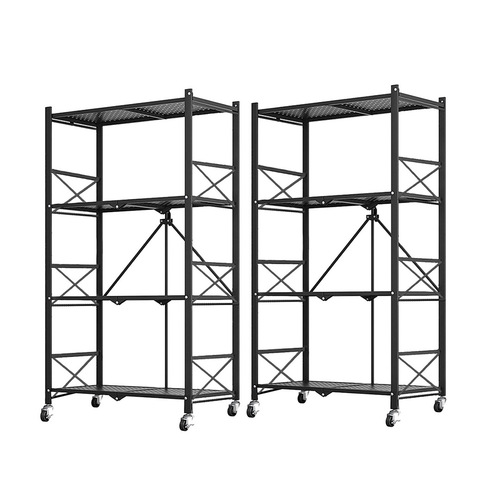 2X 4 Tier Steel Black Foldable Display Stand Multi-Functional Shelves Portable Storage Organizer with Wheels