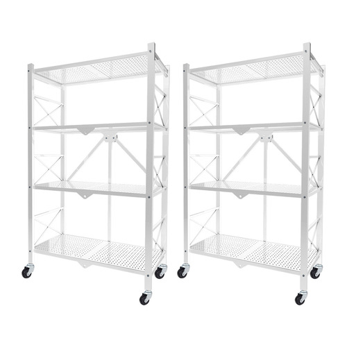 2X 4 Tier Steel White Foldable Display Stand Multi-Functional Shelves Portable Storage Organizer with Wheels