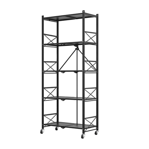 5 Tier Steel Black Foldable Display Stand Multi-Functional Shelves Portable Storage Organizer with Wheels
