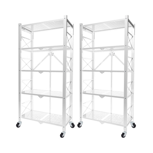 2X 5 Tier Steel White Foldable Display Stand Multi-Functional Shelves Portable Storage Organizer with Wheels