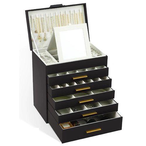 CARLA HOME 6-Layer Large Jewelry Organizer Box for Women with Mirror, Drawers, Hooks & Dividers for Rings, Necklaces, Bracelets, Ideal Gift for Women