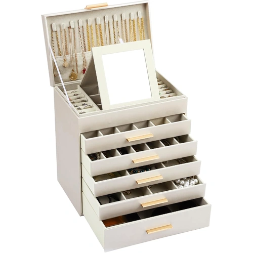 CARLA HOME 6-Layer Large Jewelry Organizer Box for Women with Mirror, Drawers, Hooks & Dividers for Rings, Necklaces, Bracelets, Ideal Gift for Women
