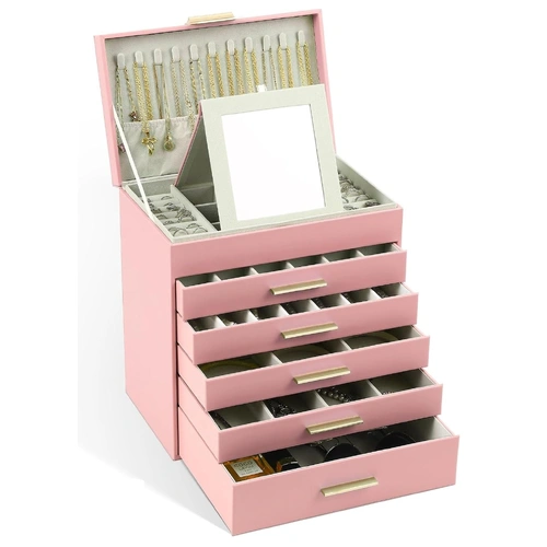 CARLA HOME 6-Layer Large Jewelry Organizer Box for Women with Mirror, Drawers, Hooks & Dividers for Rings, Necklaces, Bracelets, Ideal Gift for Women