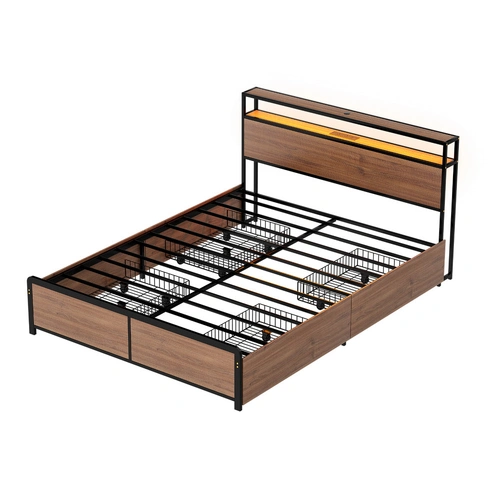Artiss Metal Bed Frame Queen Size with 2-Tier Storage Headboard Metal Platform with 4 Storage Drawers Built in Charging Station & LED Noise-Free/Metal