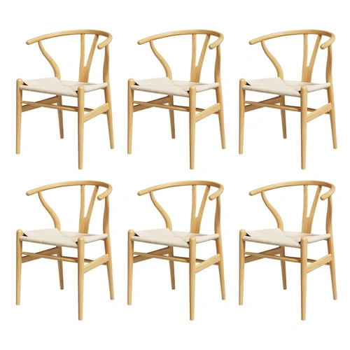 1 Set of 6 Artiss Dining Chairs Wooden Rattan Seat Wishbone Back