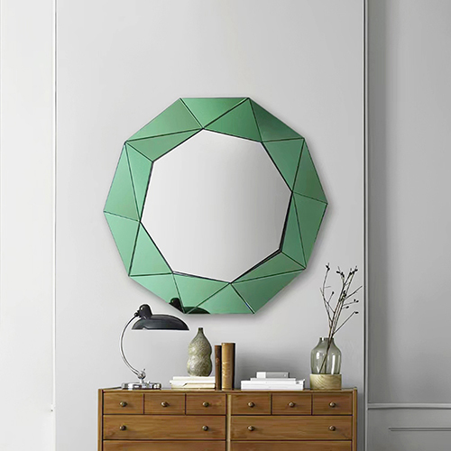 Wall Mirror MDF Silver Mirror & Green Frame Trigonometrical Shape