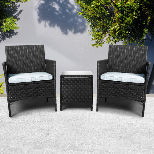 Outdoor Furniture Set Patio Garden 3 Pcs Chair Table Rattan Wicker Cushion Seat Black