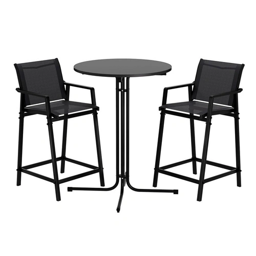 Gardeon 3PC Outdoor Bar Set Stools Dining Chairs Table Patio Furniture Bistro Set Steel Black