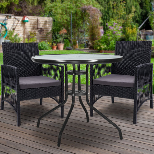 Outdoor Furniture Dining Chairs Wicker Garden Patio Cushion Black 3PCS Tea Coffee Cafe Bar Set