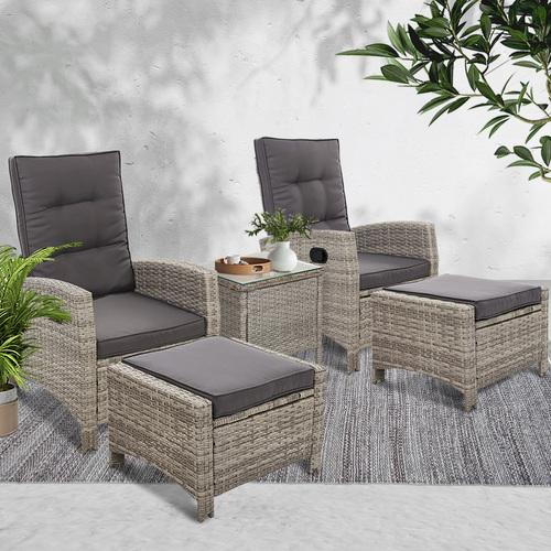 Gardeon Outdoor Patio Furniture Recliner Chairs Table Setting Wicker Lounge 5pc Grey