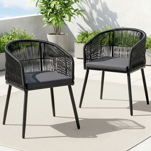Gardeon 2PC Outdoor Dining Chairs Wicker Chair Patio Furniture Garden Steel Black
