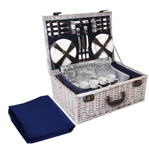 6 Person Picnic Basket Set Cooler Bag Wicker PU Fastening Straps Plates