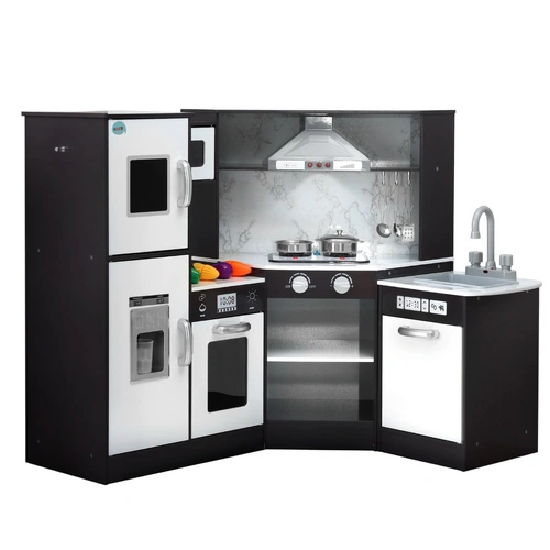Kids Kitchen Play Set Wooden Pretend Cooking Playset w/Sounds Lights Black