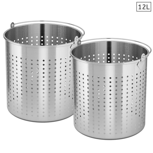 2X 12L 18/10 Stainless Steel Perforated Stockpot Basket Pasta Strainer with Handle
