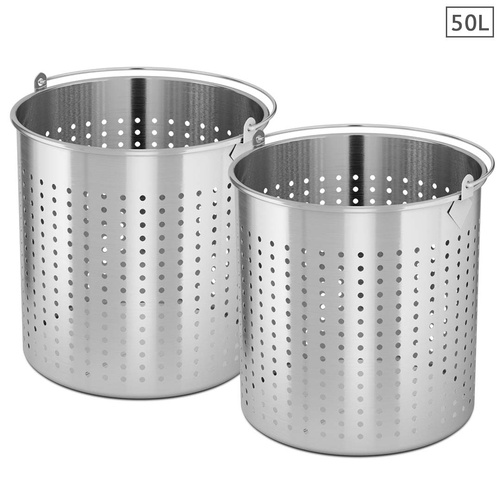 2X 50L 18/10 Stainless Steel Perforated Stockpot Basket Pasta Strainer with Handle