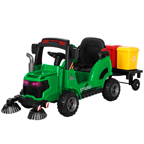 Kids Ride On Car Street Sweeper Truck w/Rotating Brushes Garbage Cans Green