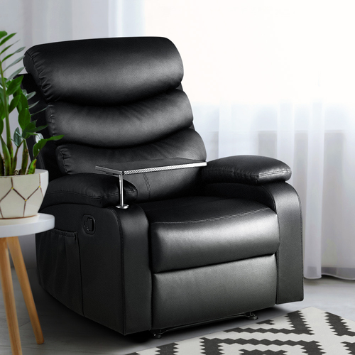 Recliner Chair Armchair Lounge Sofa Chairs Couch Leather Black Tray Table
